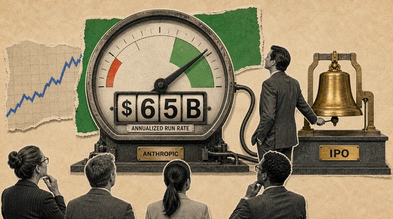 Halftone paper-collage illustration of a giant industrial gauge with its needle deep in the green, an odometer beneath it reading $65B above a plate marked ANNUALIZED RUN RATE and a brass nameplate reading ANTHROPIC, while a man in a suit reaches for a mounted brass bell on a plinth labelled IPO and four analysts in suits watch from below, with a rising blue stock chart torn from graph paper on the left