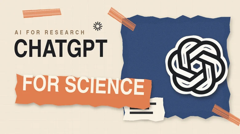 Paper-collage illustration with the words ChatGPT For Science in bold cut-out type, the ChatGPT logo on a white sticker, torn navy paper blocks and orange tape strips on a cream grid background
