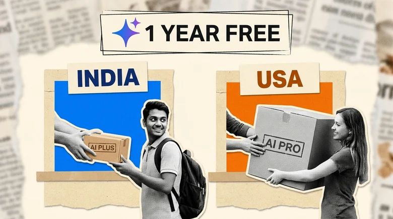 Halftone paper-collage illustration of a campus giveaway counter under a banner reading 1 YEAR FREE with the Gemini spark, where a window labelled INDIA passes a small box stamped AI PLUS to a student with a backpack and a window labelled USA passes a much larger box stamped AI PRO to another student