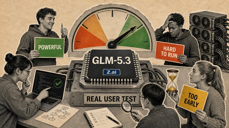 Halftone paper-collage illustration of a large GLM-5.3 processor chip stamped with the Z.ai logo, mounted on a plinth reading REAL USER TEST under a verdict gauge with its needle in the green, surrounded by four people holding cards reading POWERFUL, HARD TO RUN and TOO EARLY, with a woman at a laptop showing a green tick, a man with a magnifying glass, an hourglass and a stack of servers
