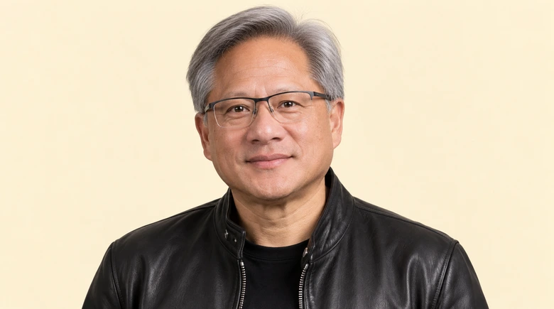 Portrait of Nvidia chief executive Jensen Huang in his black leather jacket and glasses against a cream background